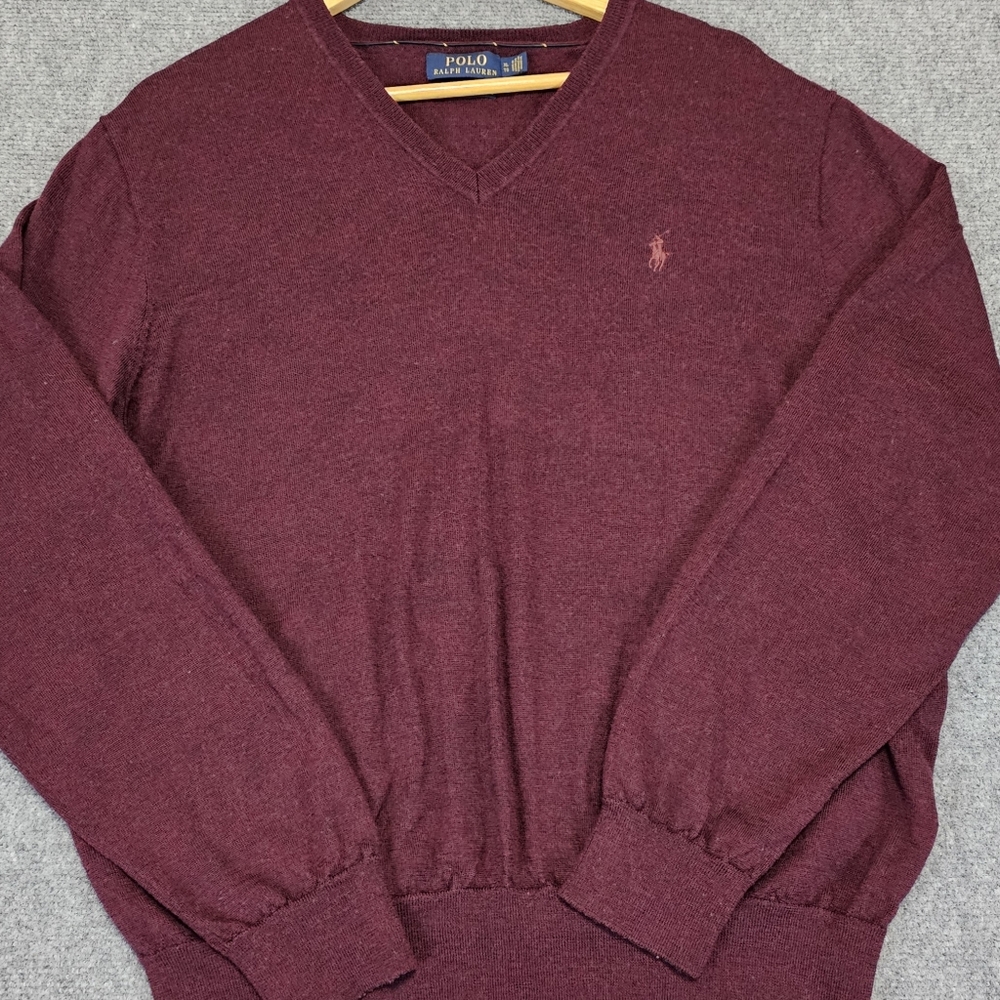 Polo Ralph Lauren Mens 100% Merino Wool Vneck Sweater XL Burgundy Office Casual